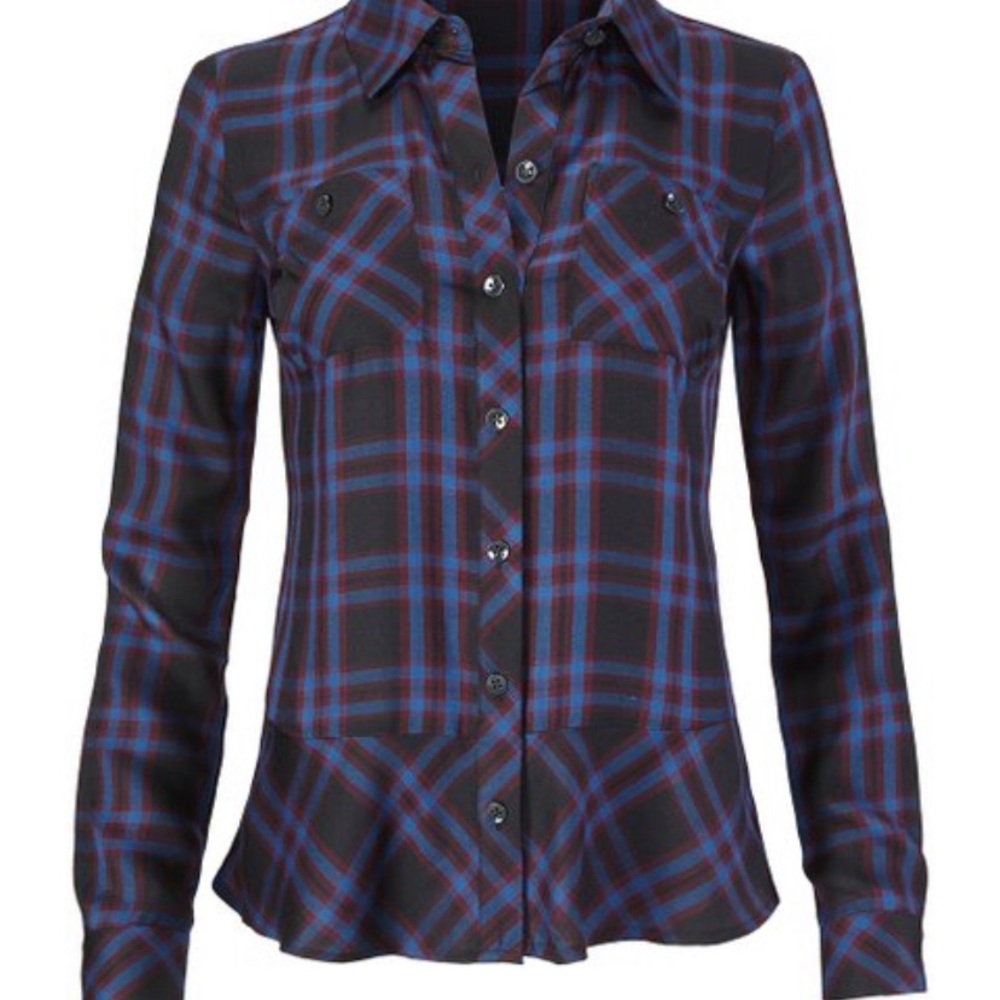 Cabi Moody Plaid Check Peplum Button Down Top